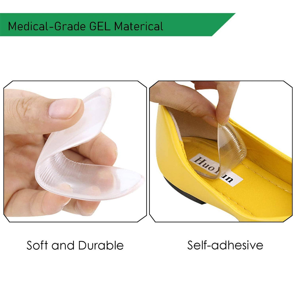 Medical-grade gel silicone heel wedge insoles with self-adhesive backing, clear pair