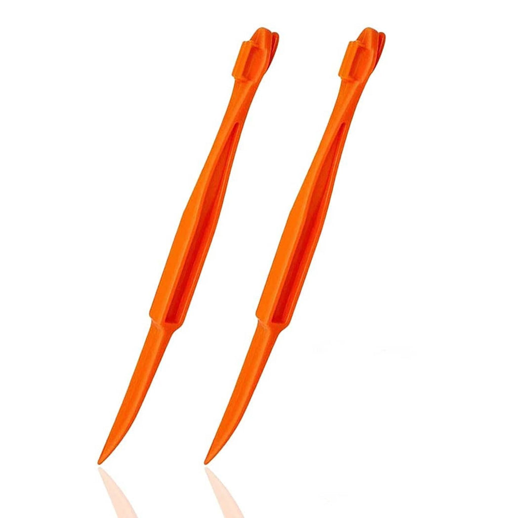 Plastic orange peeler tool with pointed tip and ridged blade, bright orange color.