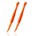 Plastic orange peeler tool with pointed tip and ridged blade, bright orange color.