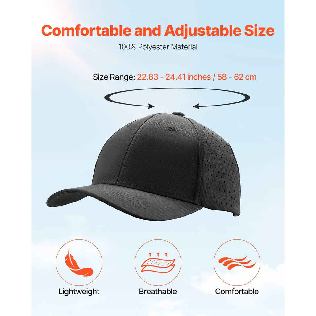 Black baseball cap with curved brim, perforated side panels, snap-back closure