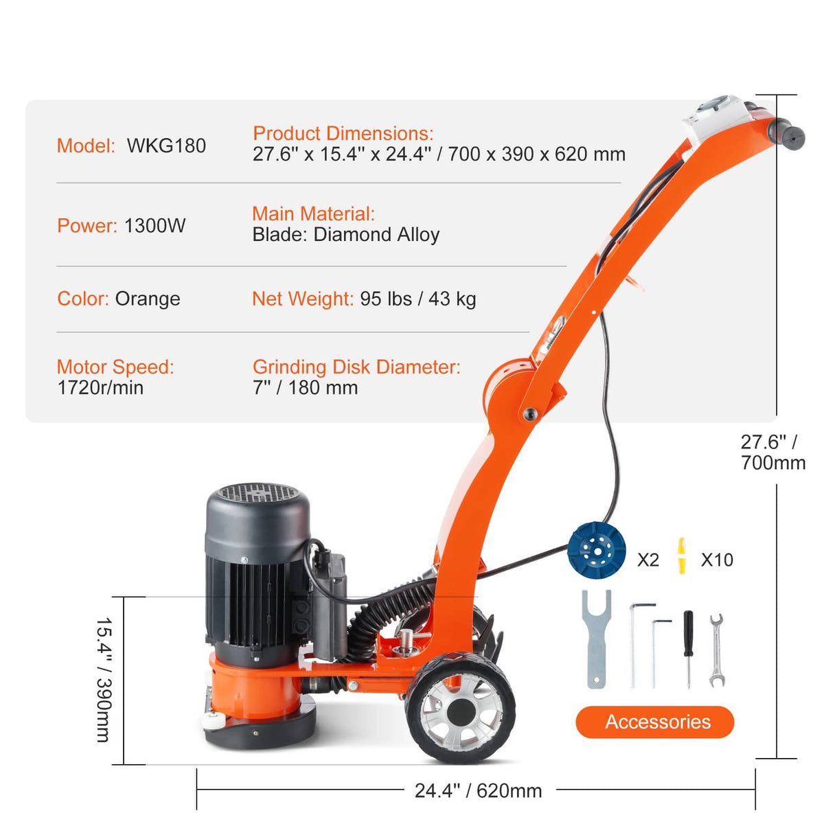 Orange walk-behind concrete floor grinder with 7-inch diamond grinding disk