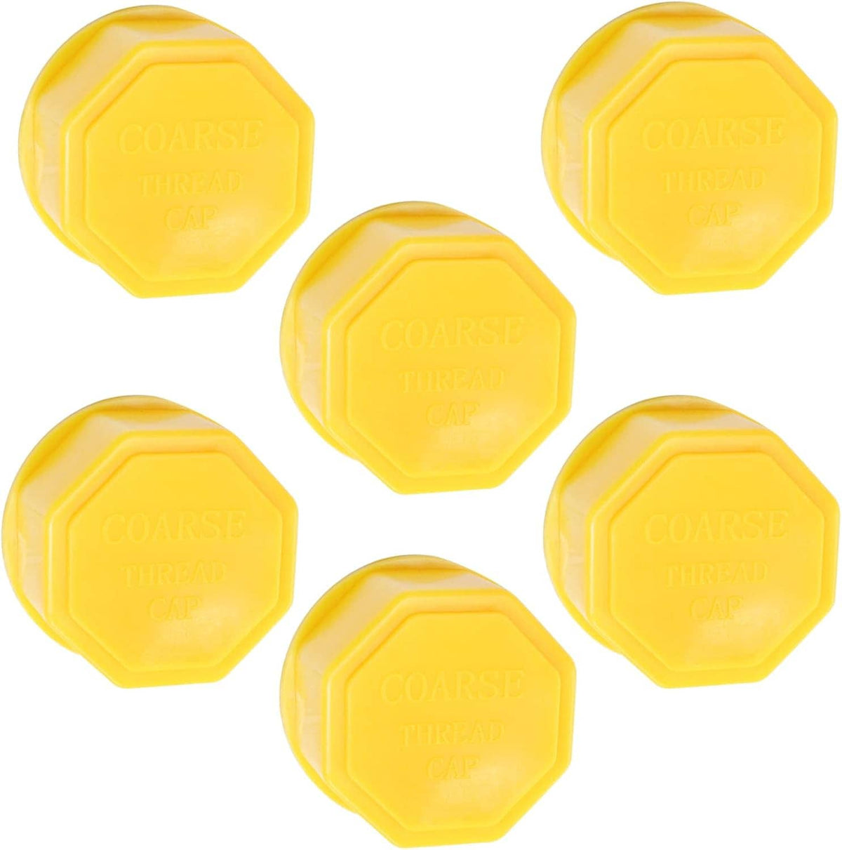 Yellow plastic gas can caps, six coarse-thread hex tops