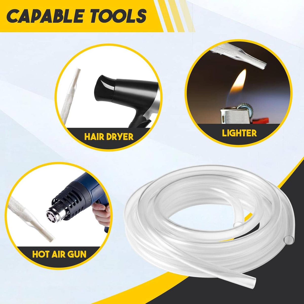 Clear heat-shrink shoelace aglet tubing with suggested heat tools icons