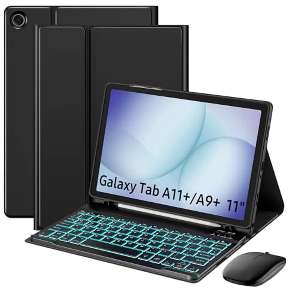 Black tablet keyboard case with teal backlit keys, plus wireless mouse