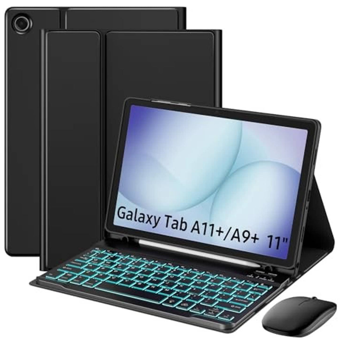 Black tablet keyboard case with teal backlit keys, plus wireless mouse