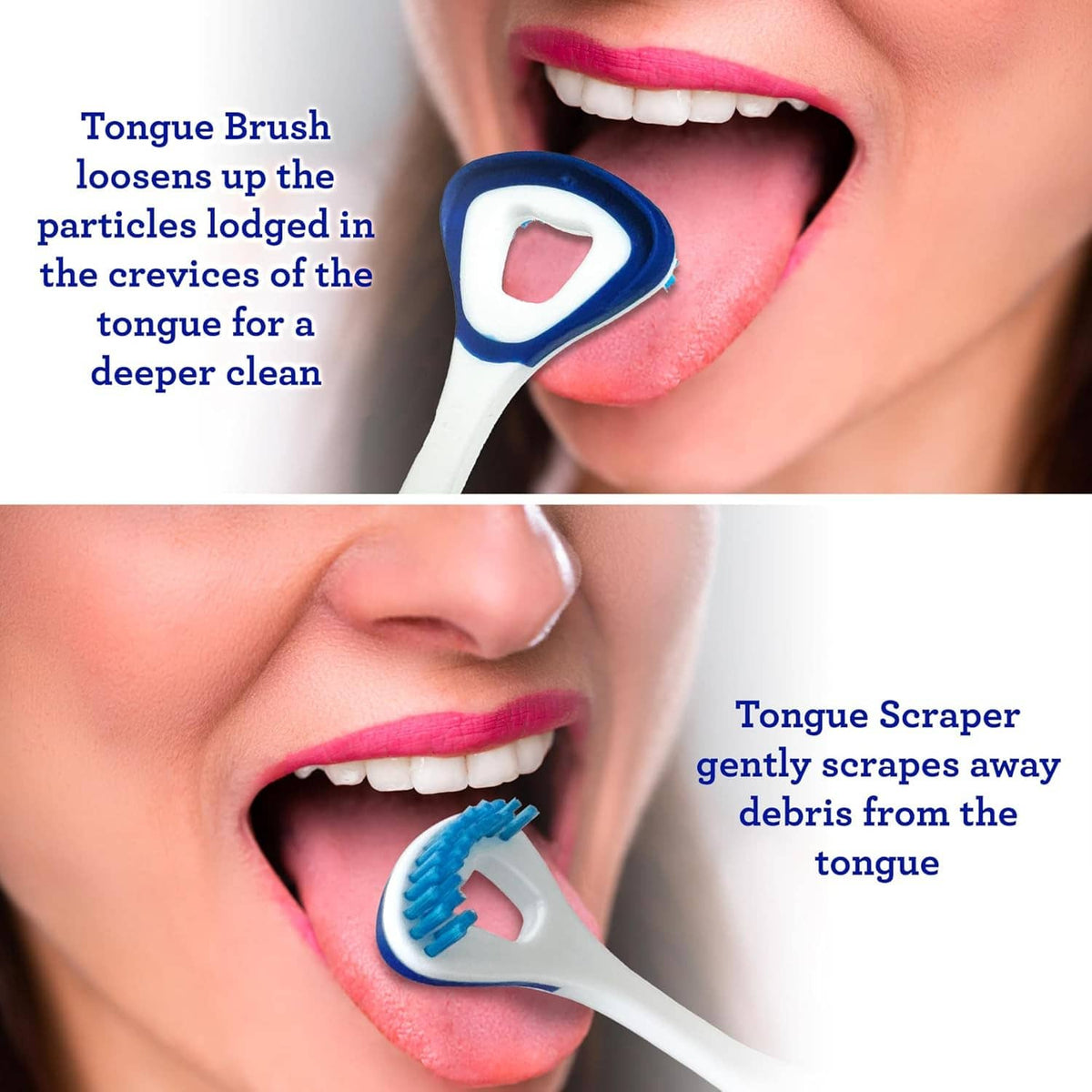 Dual action tongue scraper and soft brush for cleaning the tongue from inside mouth.