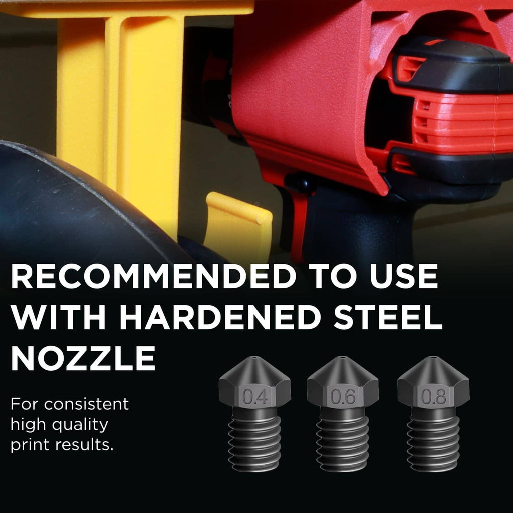 Hardened steel 3D printing nozzle tips for extruder, shown with tool