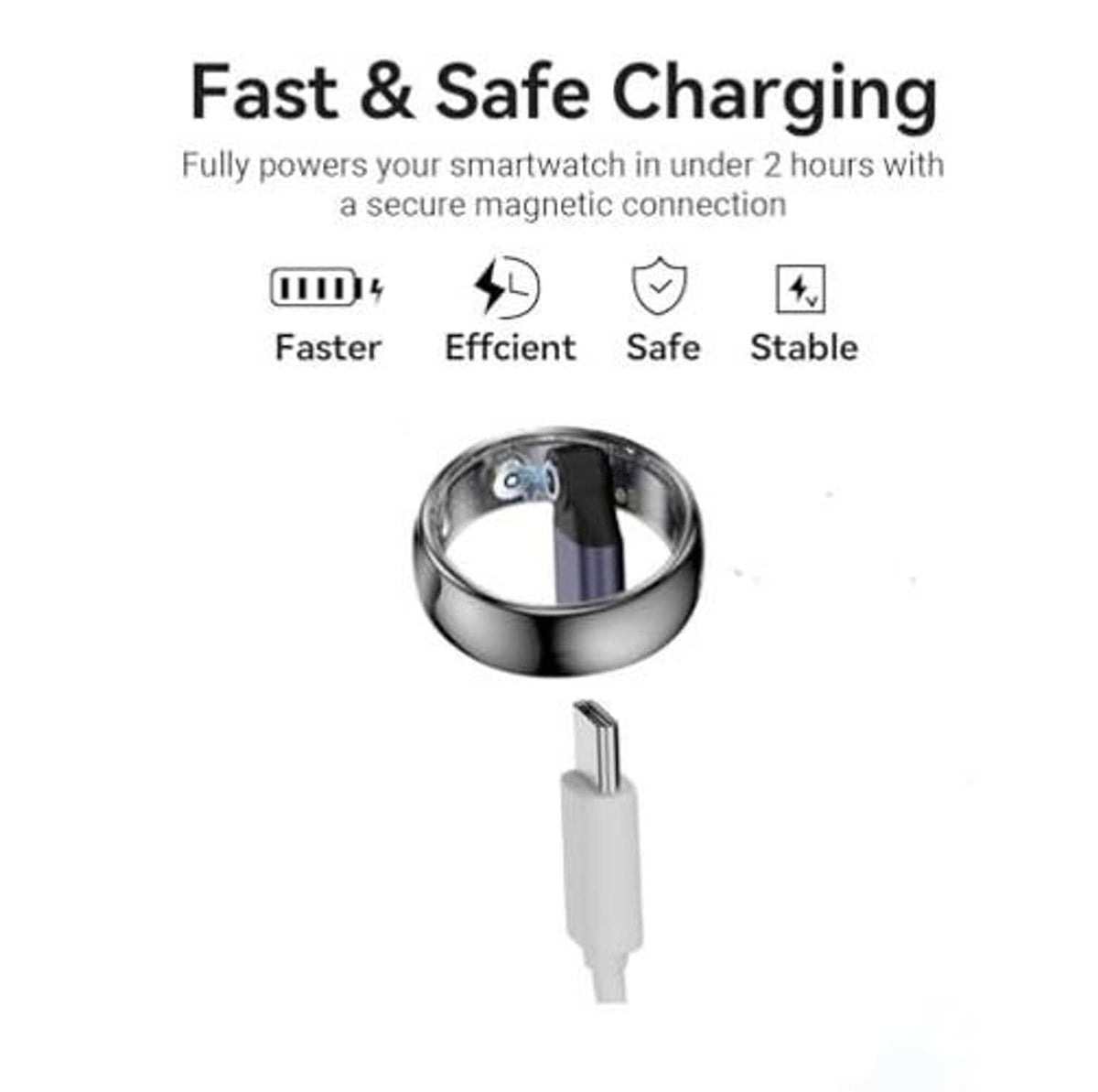 Magnetic smart ring charger with metal ring contact cup and white USB-C cable