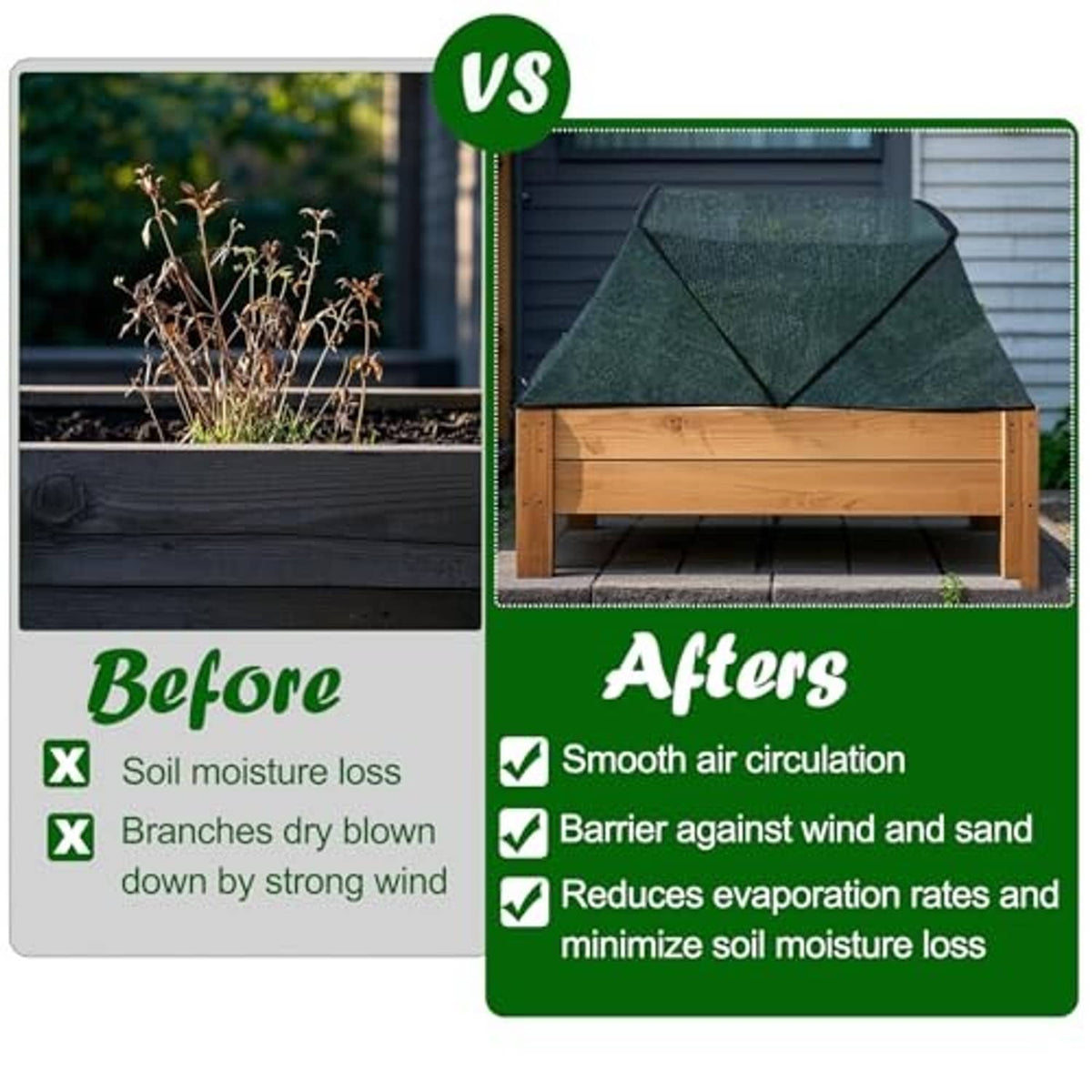 Foldable plant shade tent cover, dark green fabric over a raised wooden bed