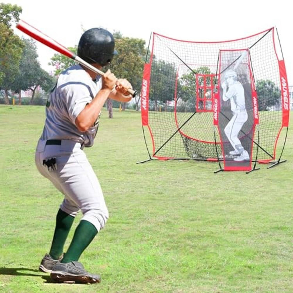 Red pitching target net with batter silhouette behind practice swing screen