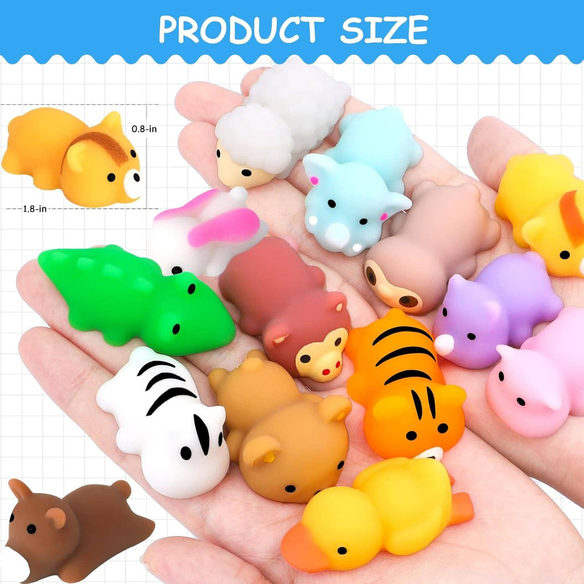 Assorted animal mochi squishy stress toys shown on an open palm