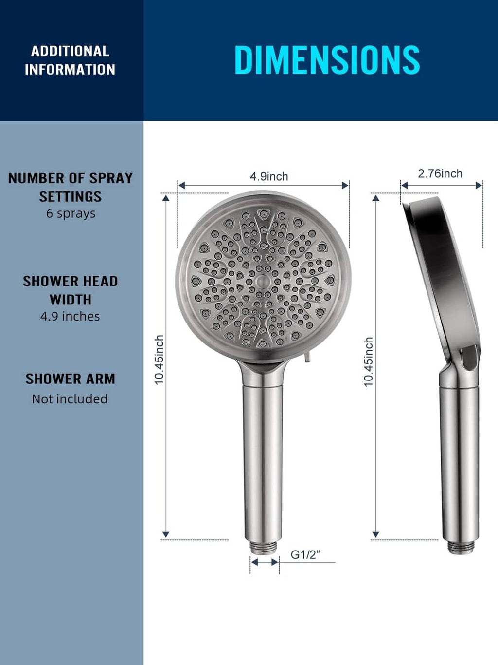 Brushed nickel shower head dimensions view with round spray face and handheld arm