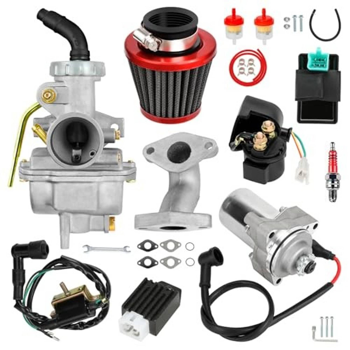 Carburetor and starter parts kit exploded view with carburetor, air filter, and ignition parts