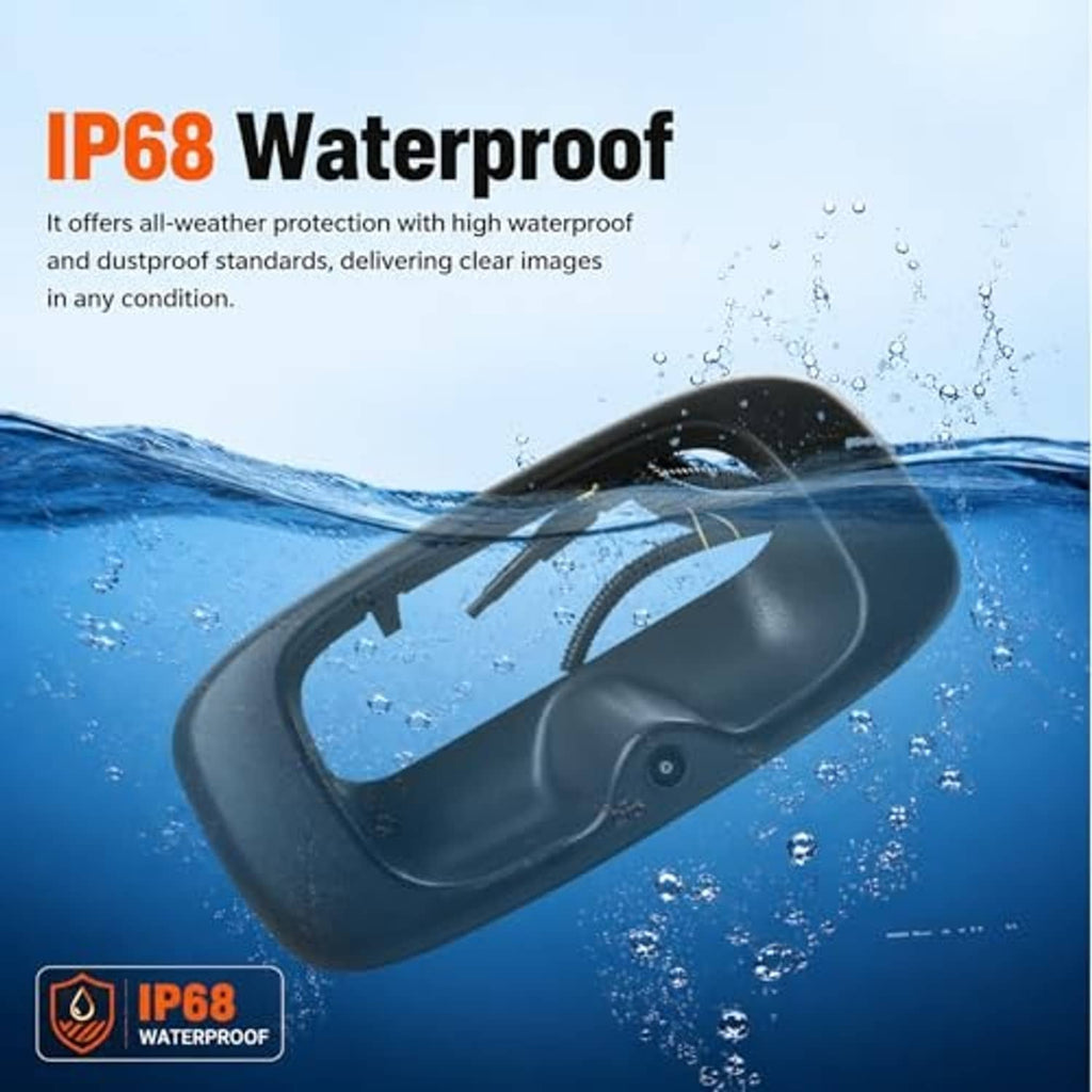 Black tailgate handle backup camera with water droplets on the housing