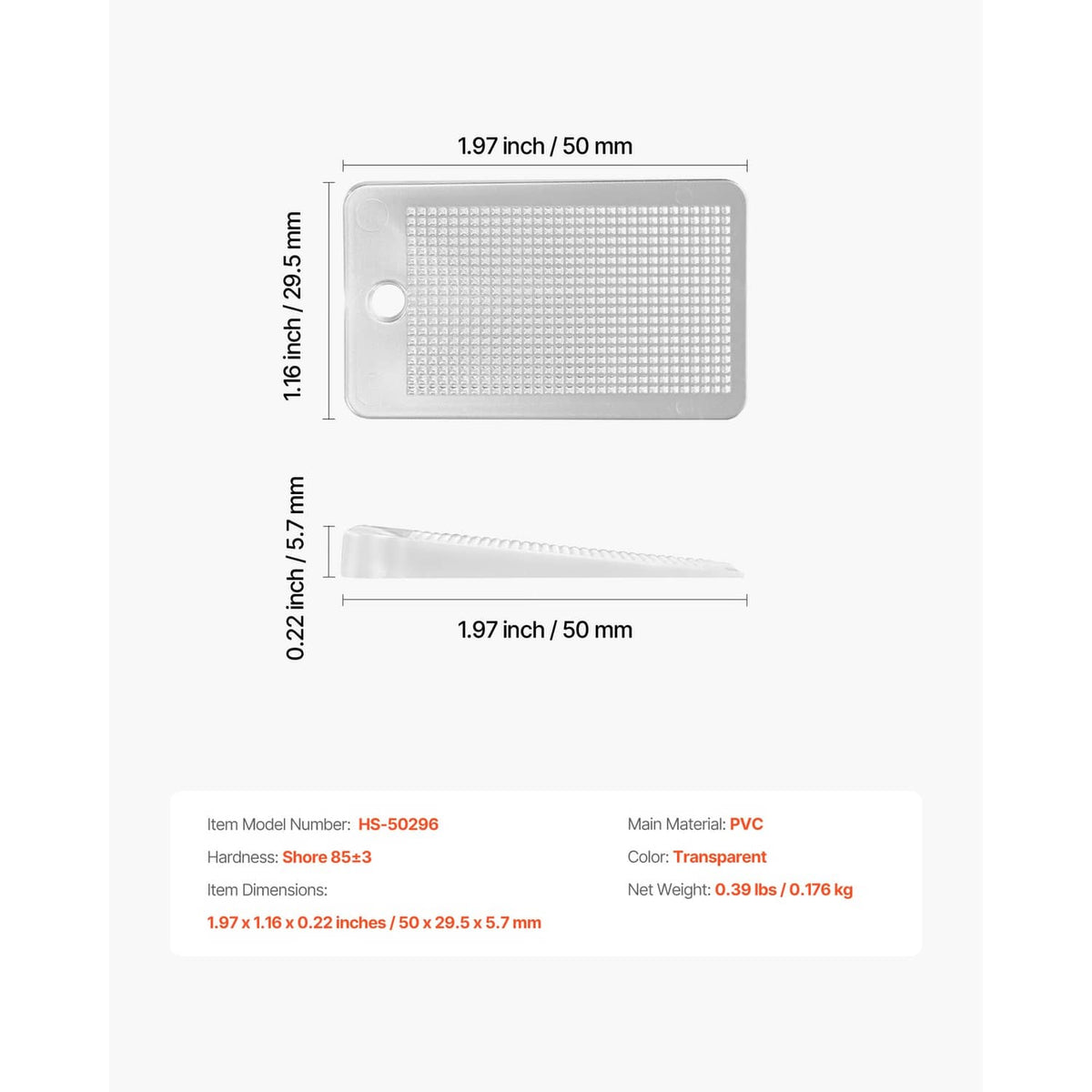 Transparent rectangular leveling shim, 50 mm by 29.5 mm, textured grid surface.