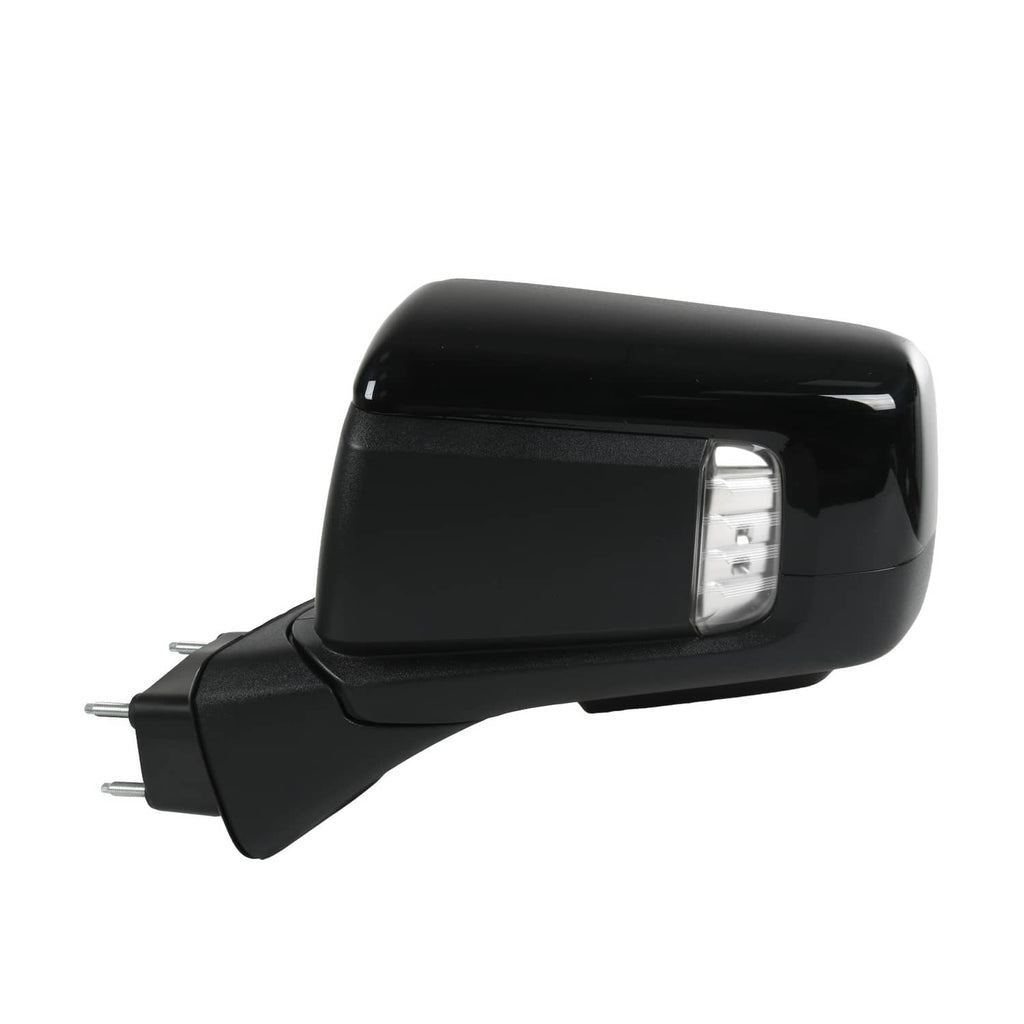 Black side mirror with clear turn-signal lens, angled close-up