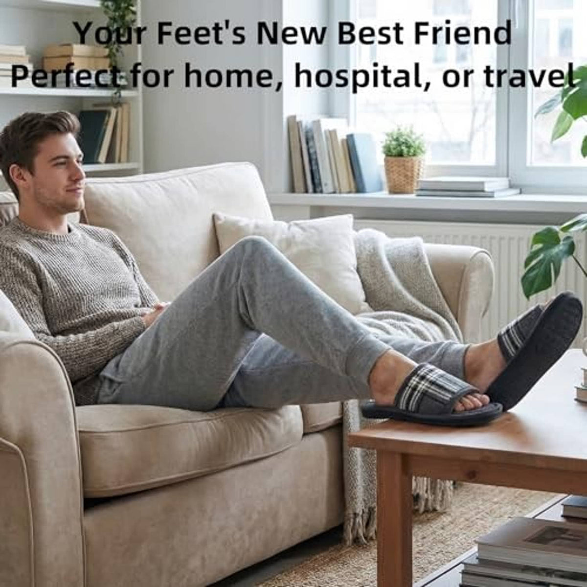 Men's grey plaid open-toe house slippers worn on a couch during indoor lounging