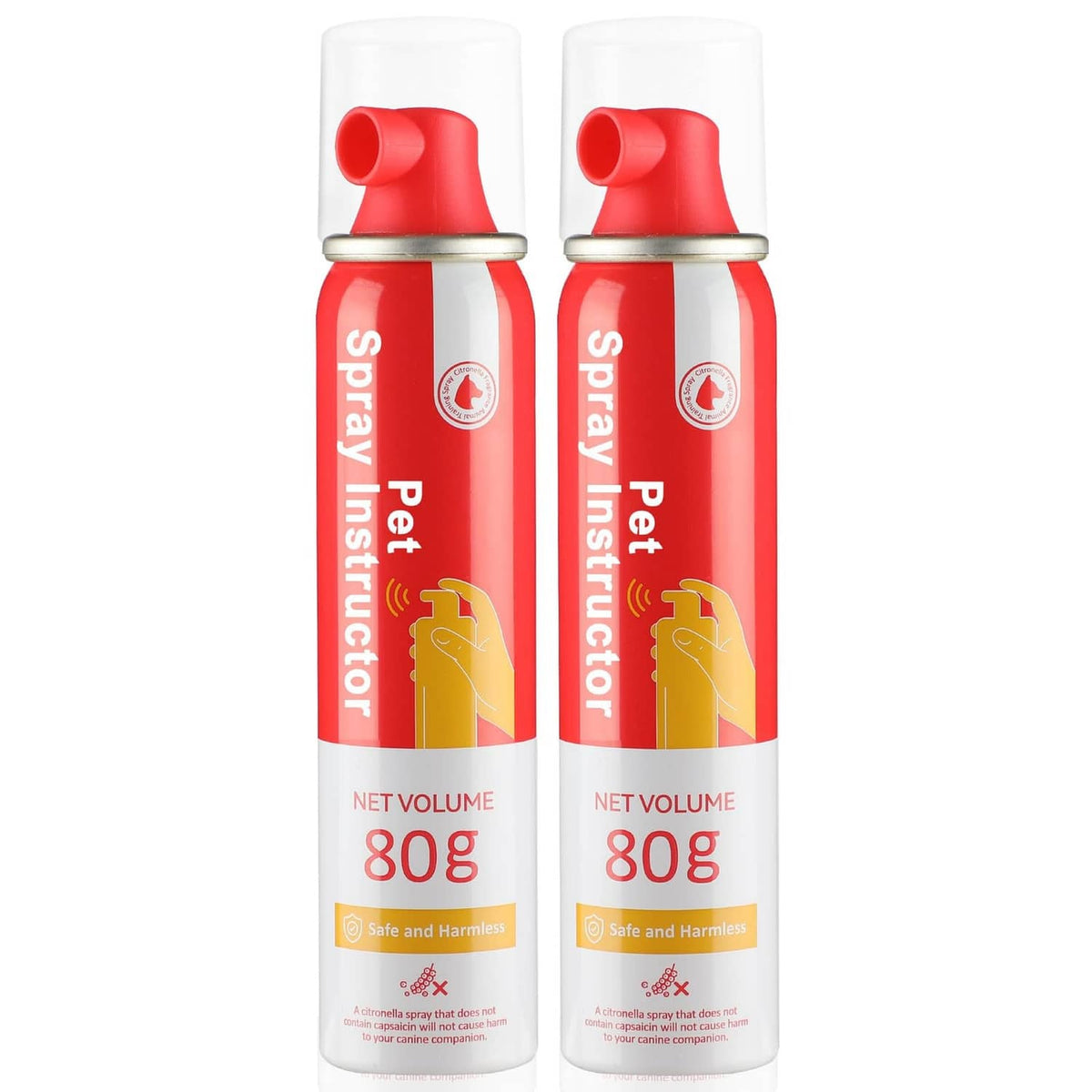 Red and white pet spray corrector bottles with red nozzle caps, 80 g each.