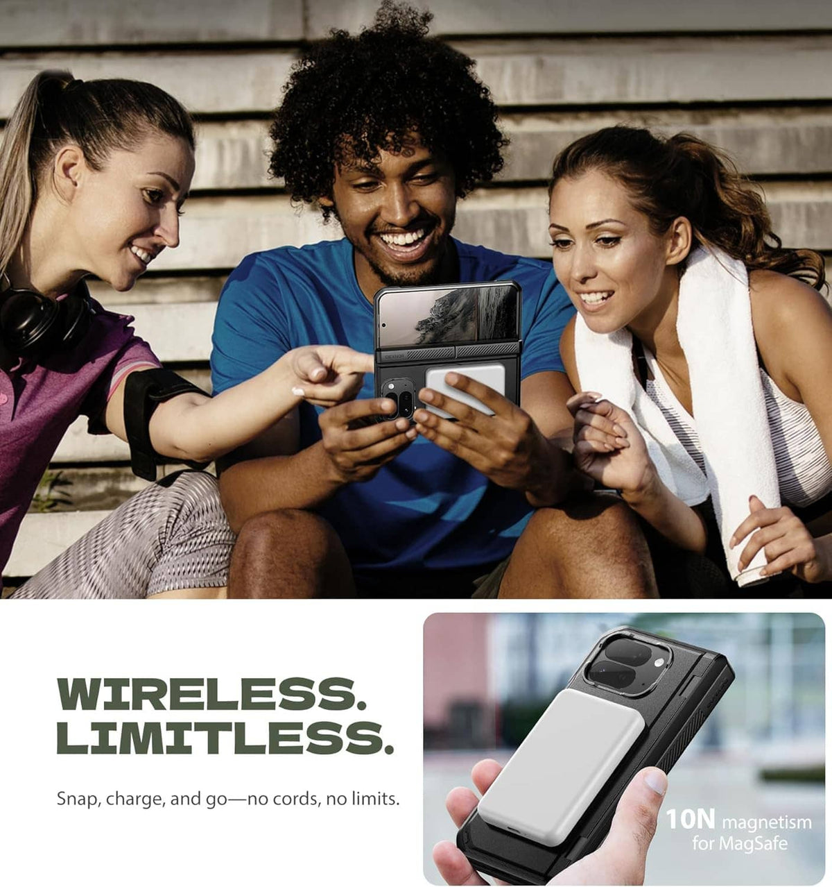 Rugged magnetic case on a fold phone held by people, front and hinge visible