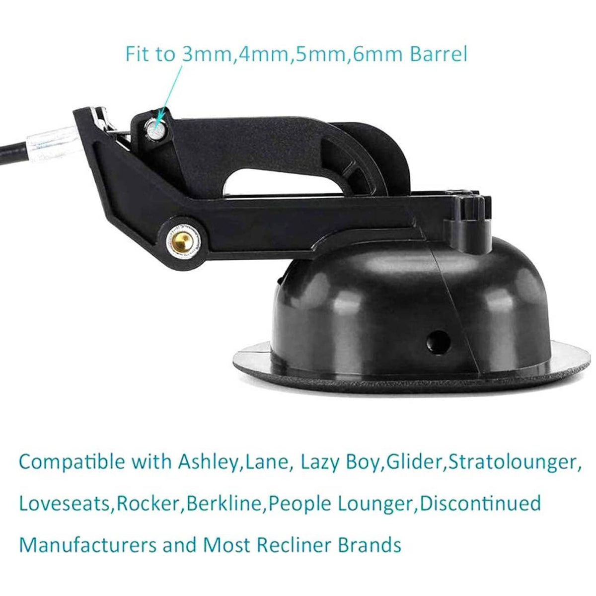 Black recliner release handle mechanism with mounting base and metal cable