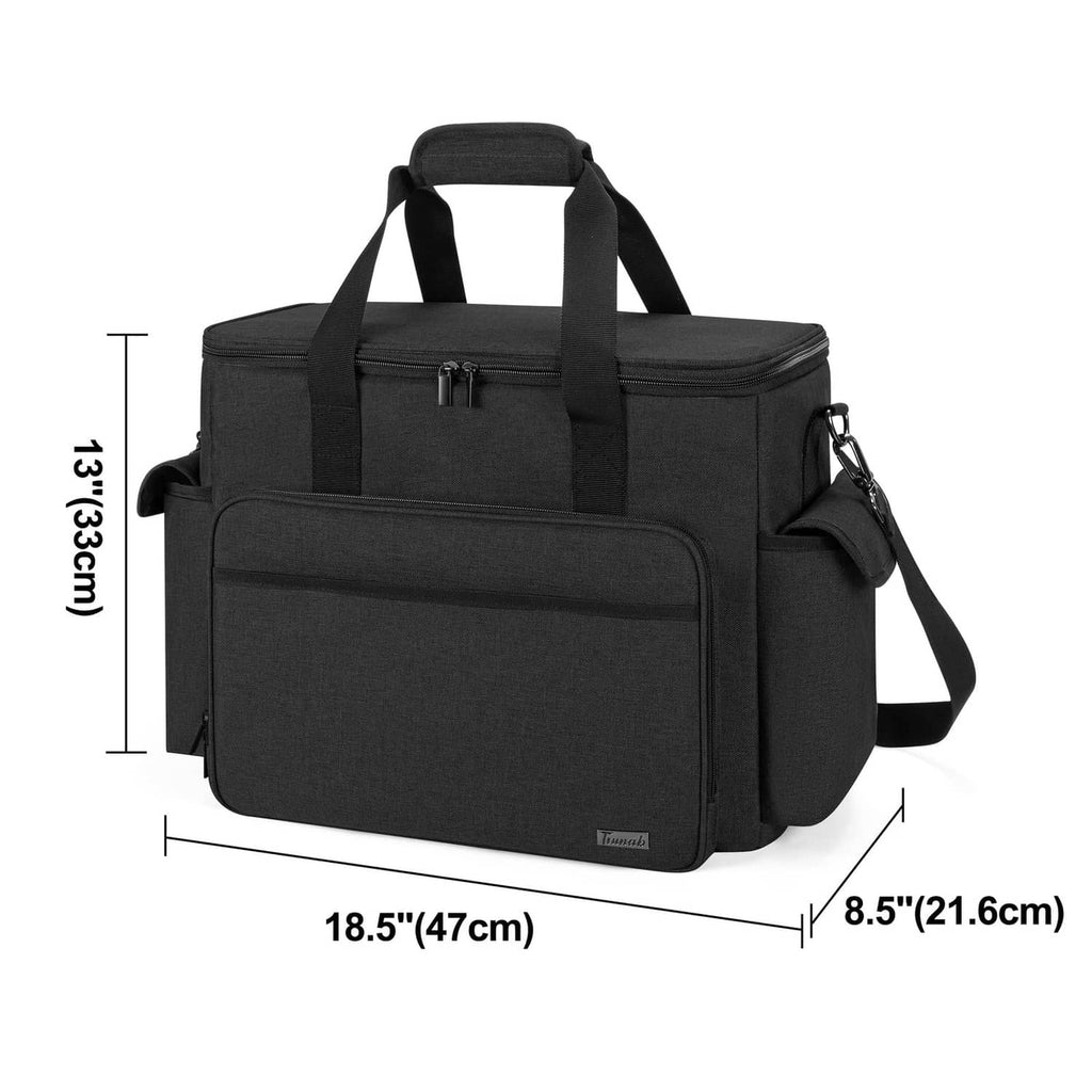 Black large scrapbook bag front view with shoulder strap and carry handles; size labeled