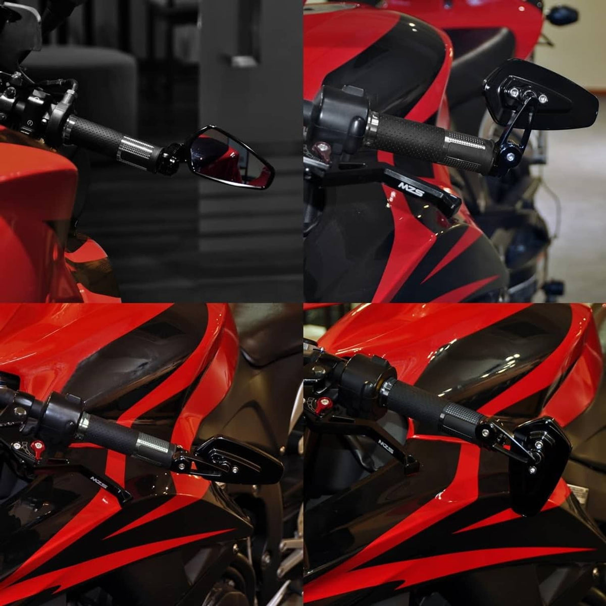 Bar-end mirrors mounted on a sport motorcycle handlebar, black frames with tinted lenses.