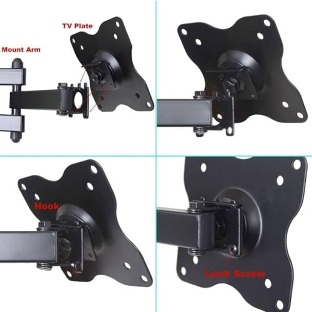 Full-motion TV mount bracket shown in multiple tilt positions, black metal