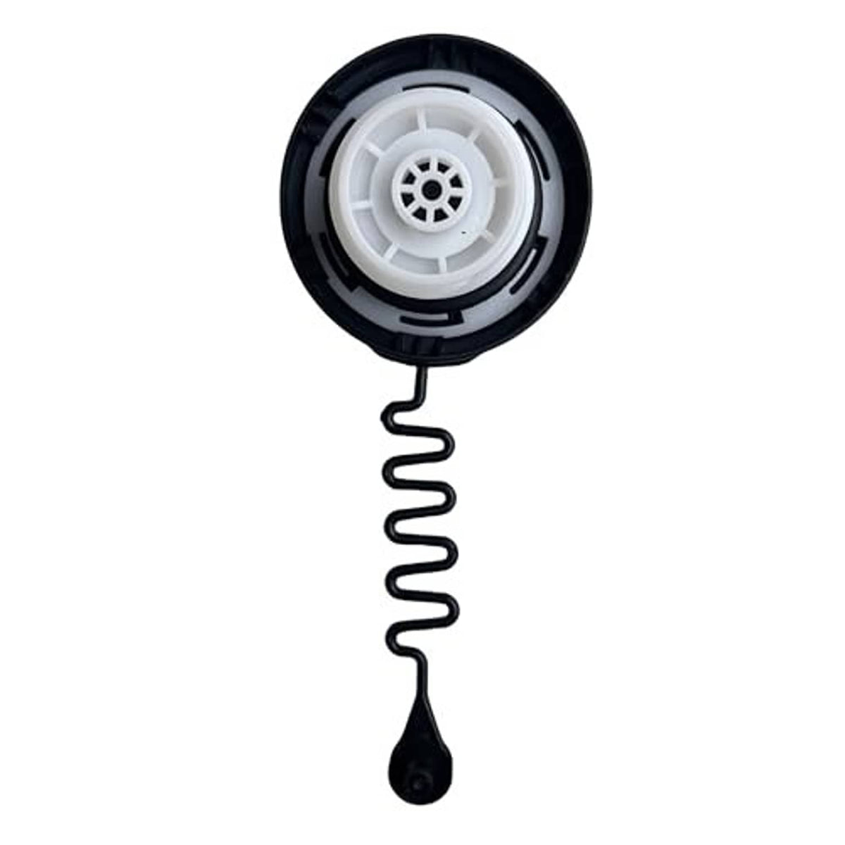 Fuel tank filler cap with exposed white inner insert, black outer rim, and tether spring