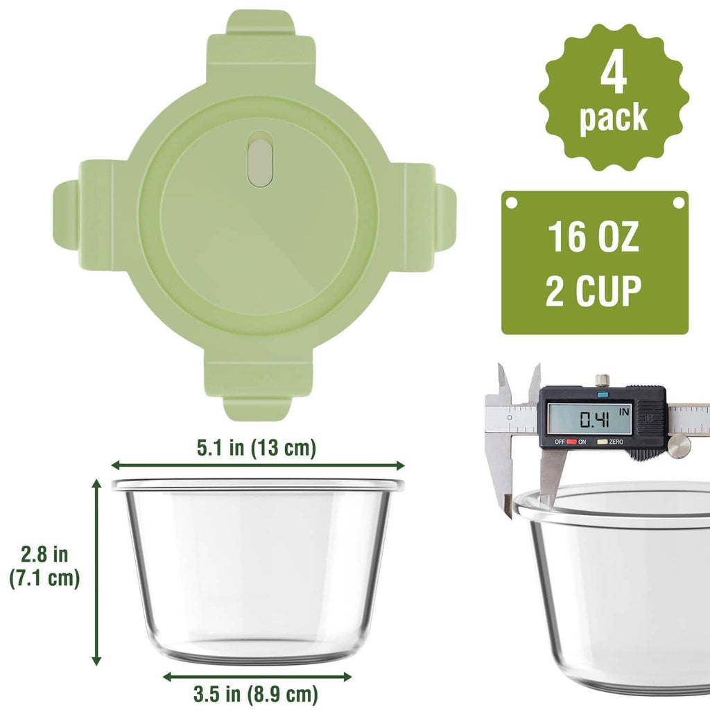 Green 16 oz, 2-cup glass meal prep container with airtight lid and clear body.