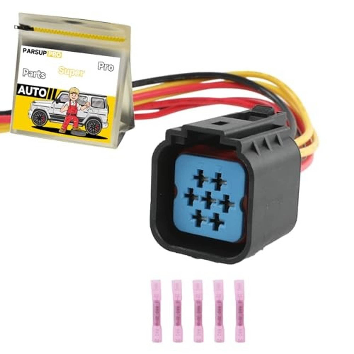 Headlight sensor wiring harness connector with multi-wire leads and blue pin contact insert