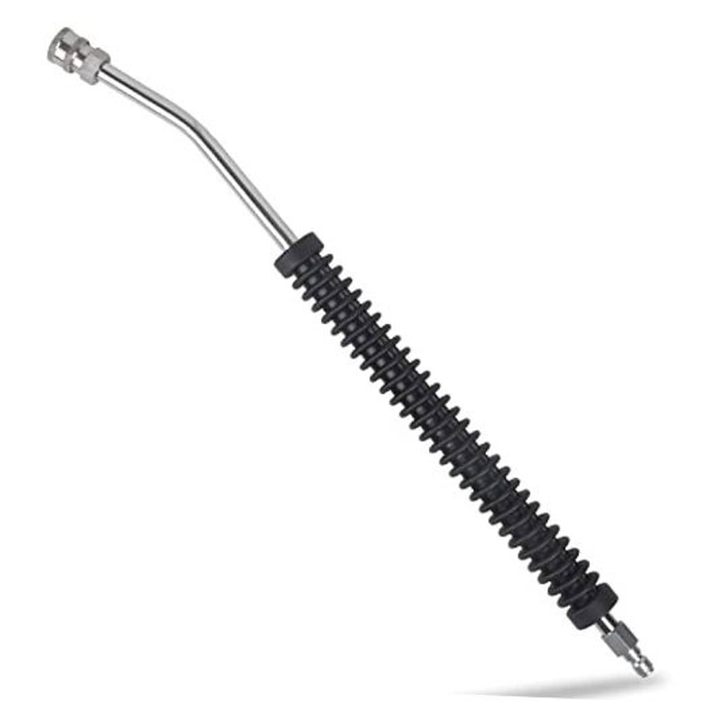 Curved pressure washer extension wand with chrome fittings and black spring section