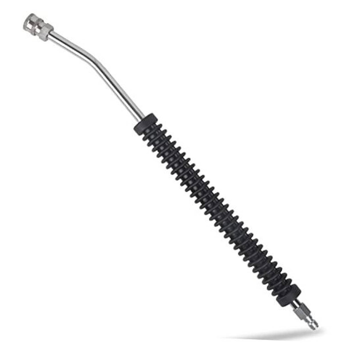 Curved pressure washer extension wand with chrome fittings and black spring section
