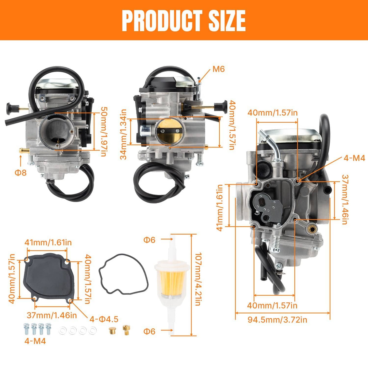 Carburetor dimension diagram with multiple views and measurement lines; silver body