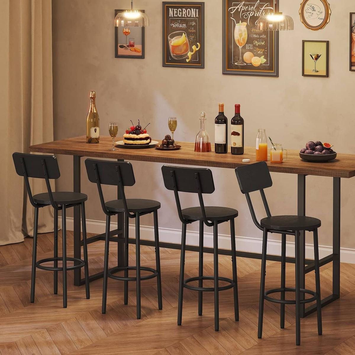 Set of multiple black bar stools with curved backrests, round seats, and circular footrests