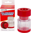 Pill crusher and container device with red cap, clear base, and grinder ridges