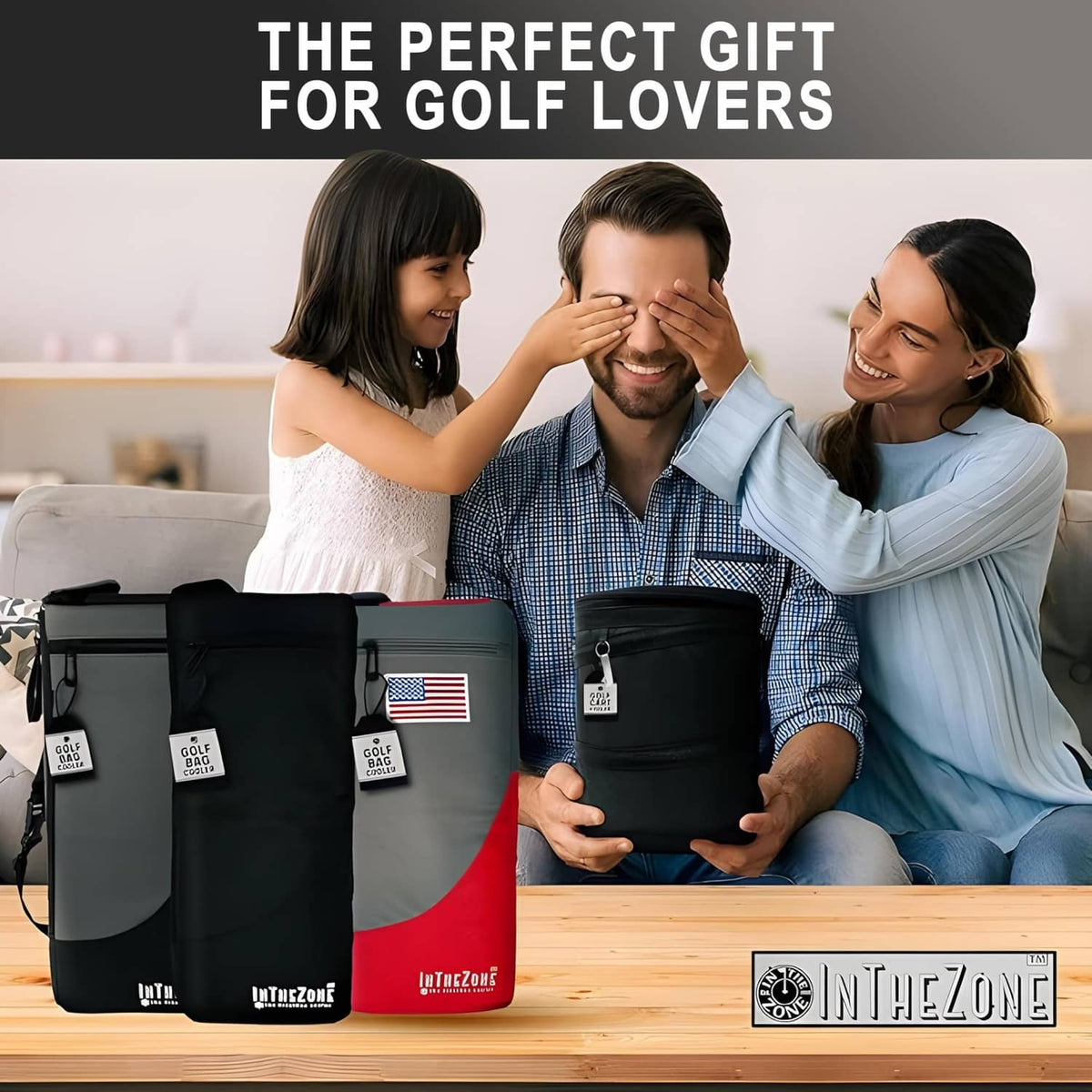 Insulated golf bag cooler lineup: gray-red, black, and black bag with ice pack