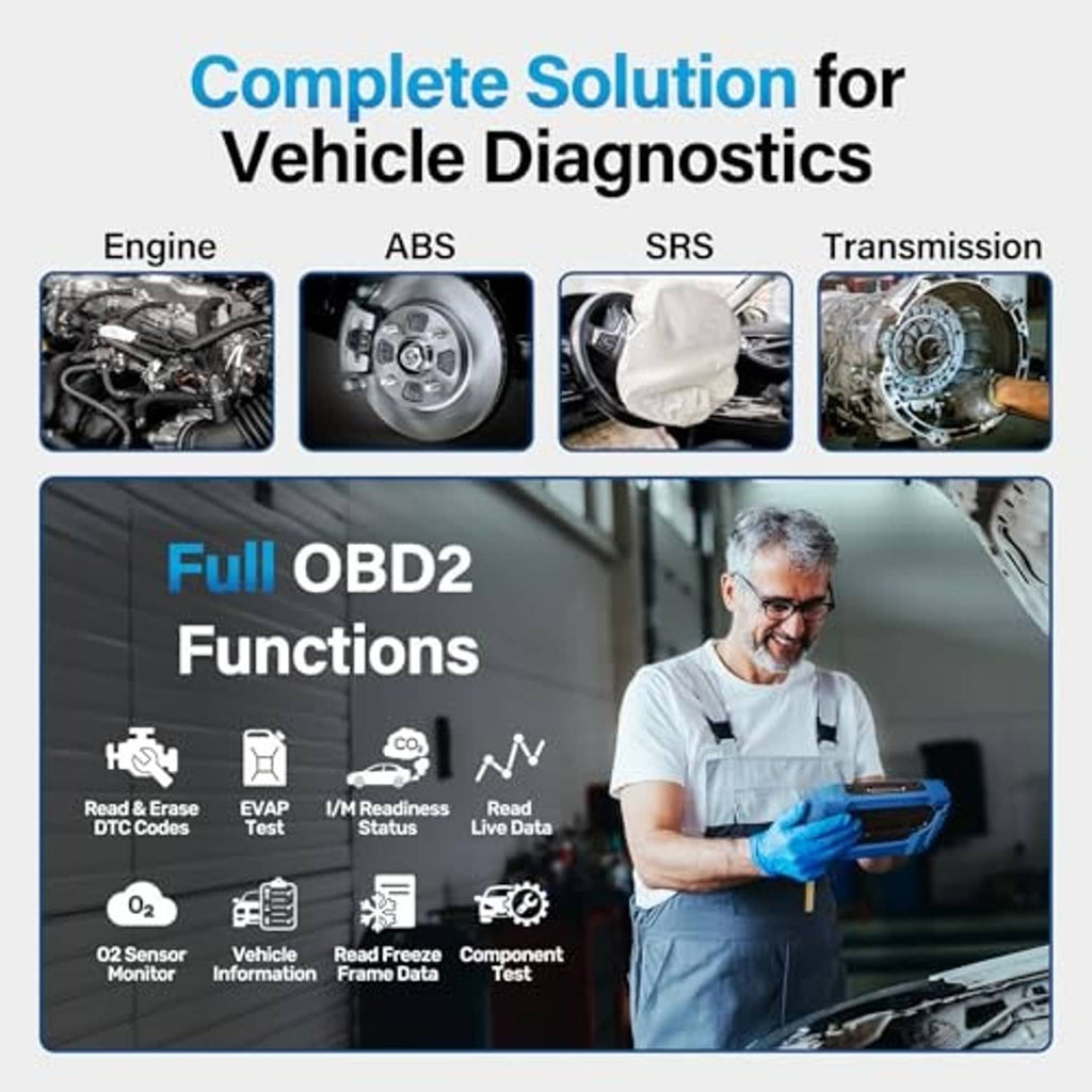 Blue BLACKTEC OBD2 scanner with diagnostic menu icons for engine, ABS, SRS, trans