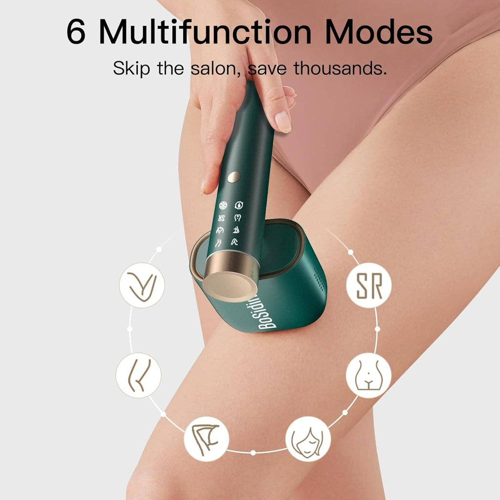 Handheld green IPL hair removal device used on leg with treatment head