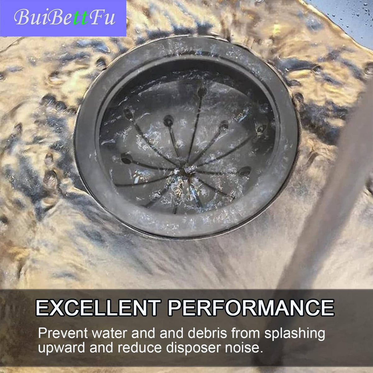 Black splash guard baffle with radial vents and visible water droplets on top