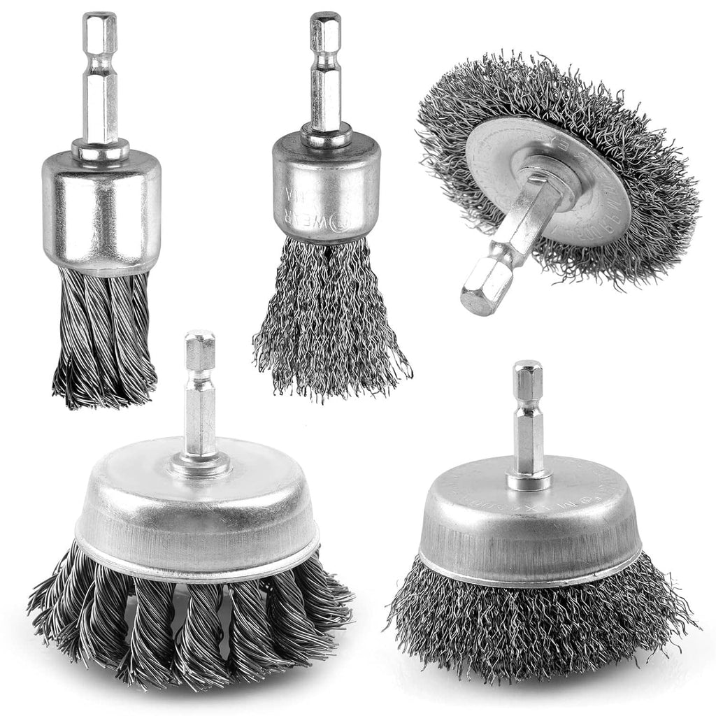 5-piece drill wire brush assortment with steel wheel and cup brushes for cleaning