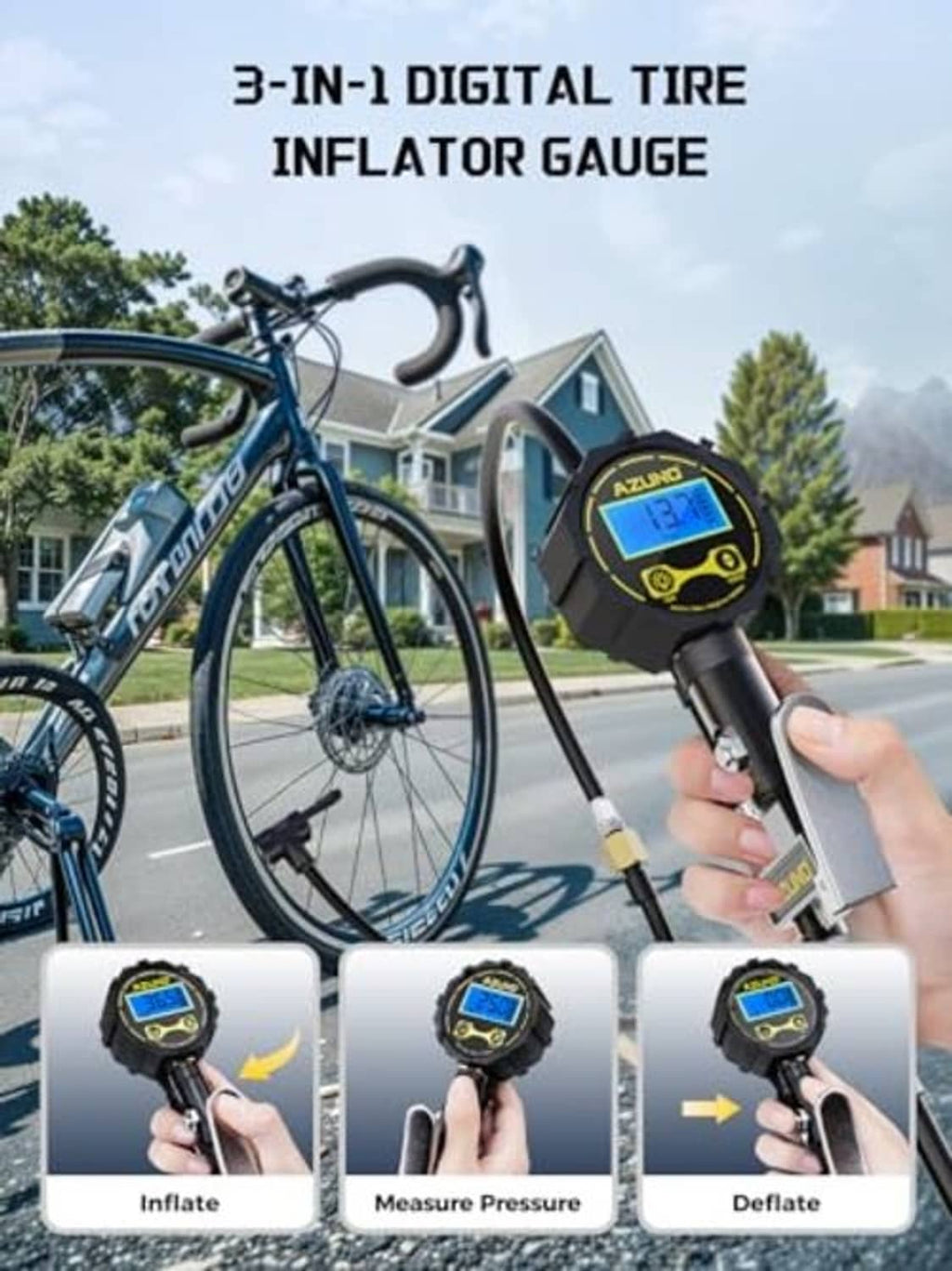 3-in-1 digital tire inflator gauge tool with display and metal air nozzle