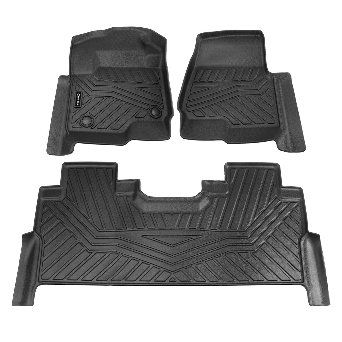 Black custom-fit floor liner set with contoured channels and raised logo detail