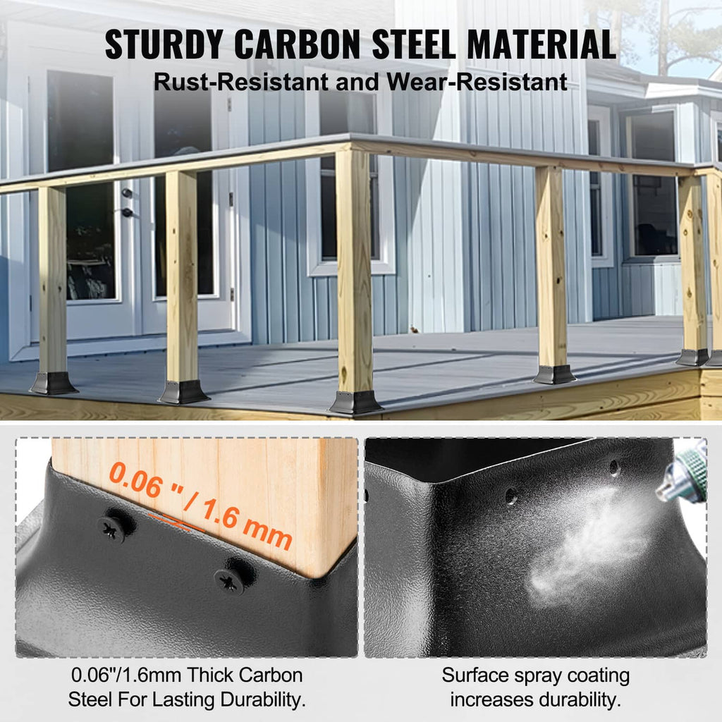 Black carbon steel wood post base bracket with rust- and wear-resistant coating details