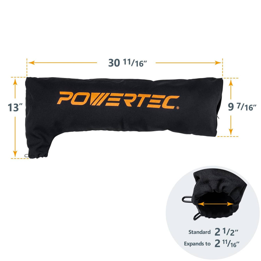 Black POWERTEC table saw dust port bag, standard 2.5 in expands to 2.6875 in