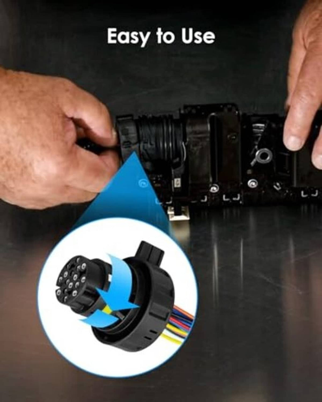 Transmission harness repair kit being installed with black connector and multicolor wires