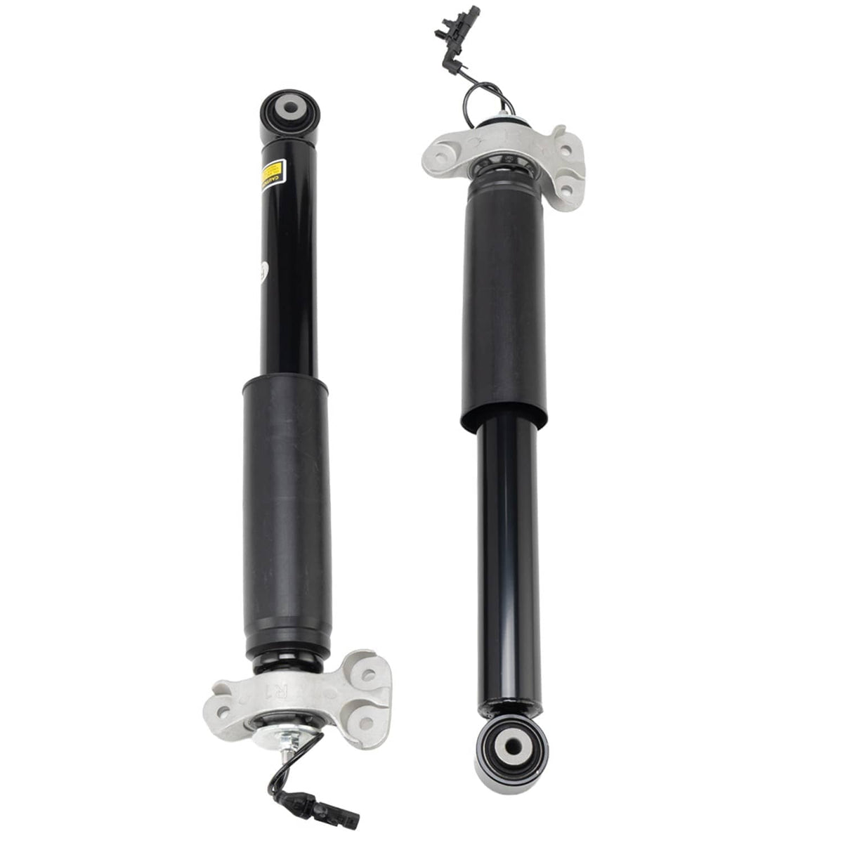 Pair of rear shock absorbers with flanged mounting brackets, black cylinders