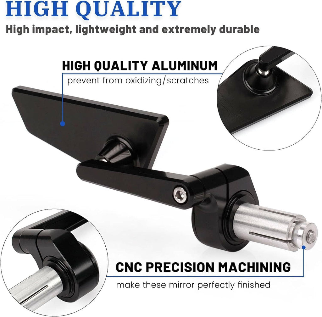 Motorcycle bar-end mirror with CNC aluminum black arms and included mounting hardware