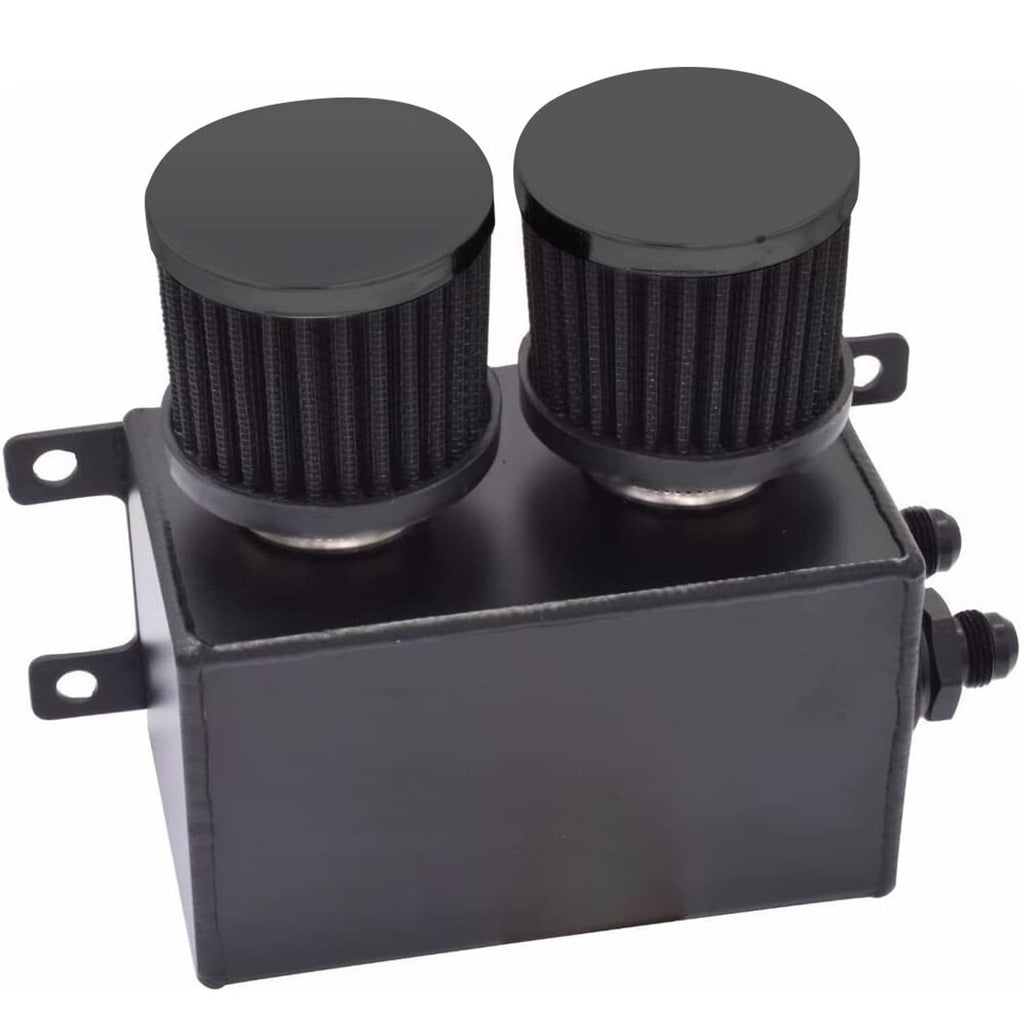 Black dual breather catch can with two round filter heads and side port outlet fittings