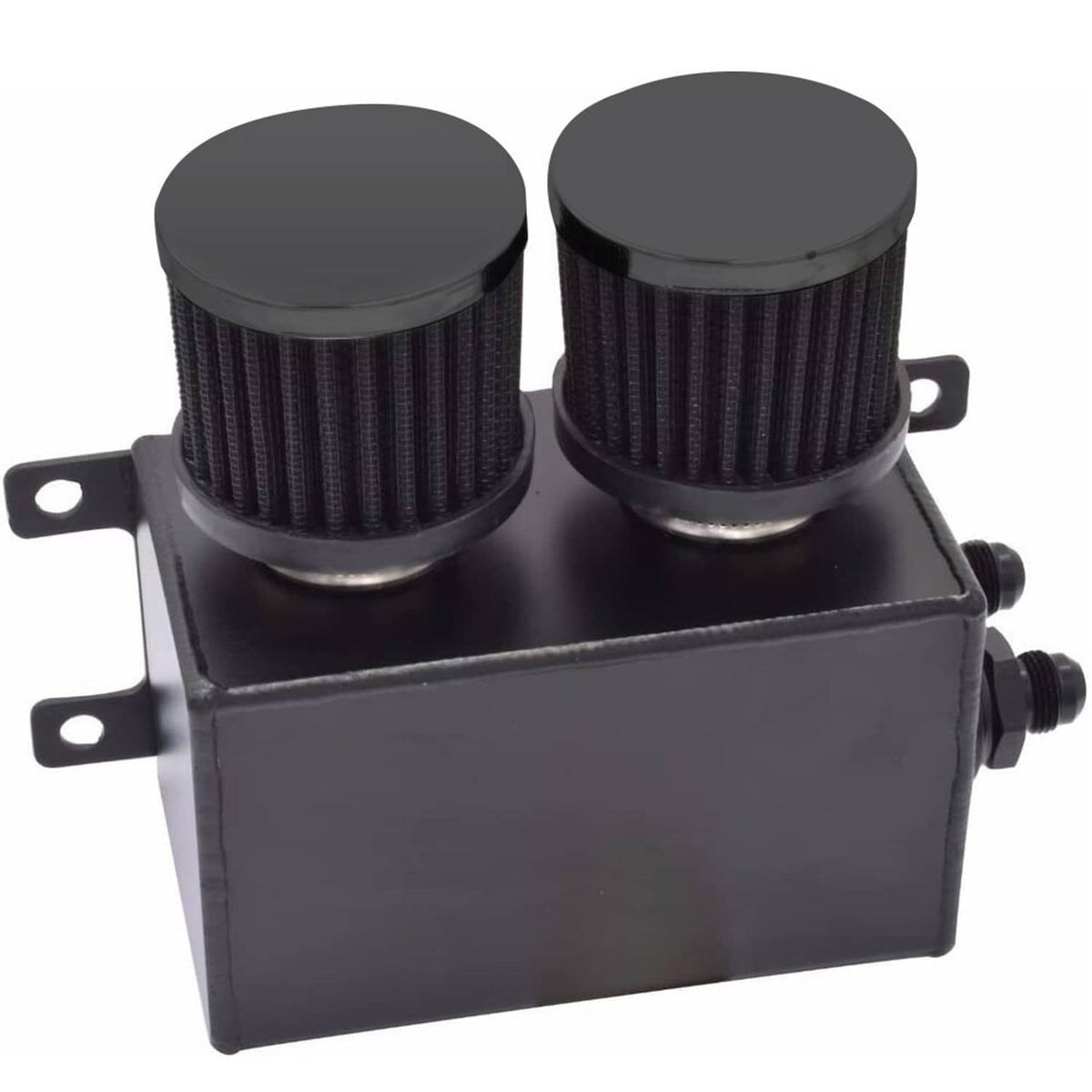 Black dual breather catch can with two round filter heads and side port outlet fittings