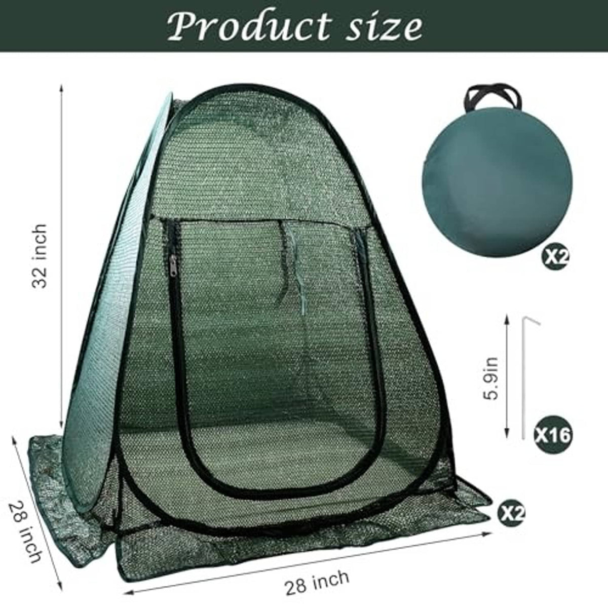 Dark green pop-up plant shade tent with zippered door and triangular mesh base